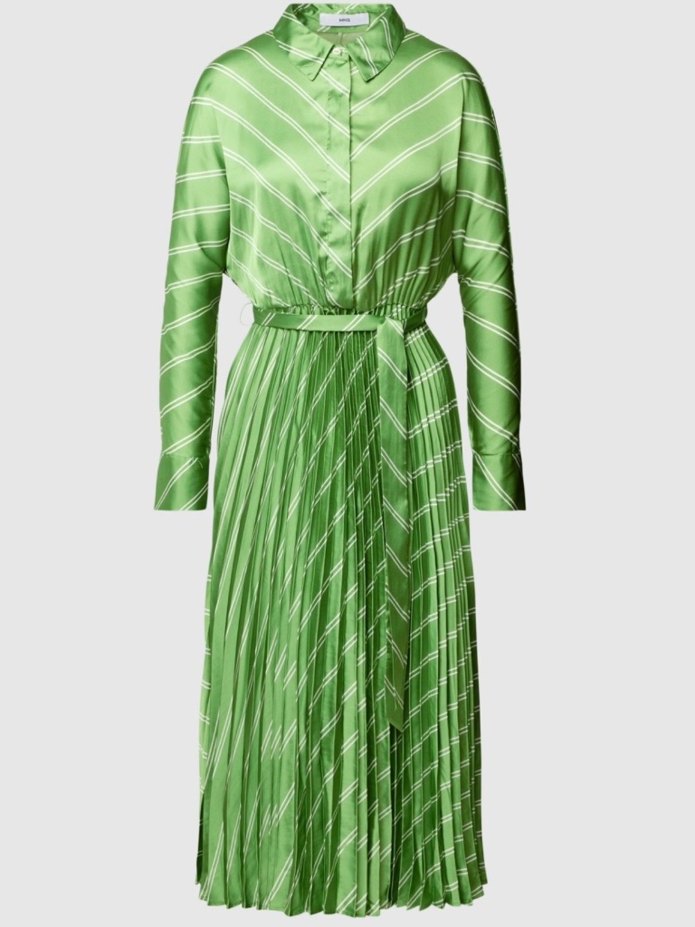 Mango Green Striped Pleated Long-Sleeve Shirt Dress - Size 6